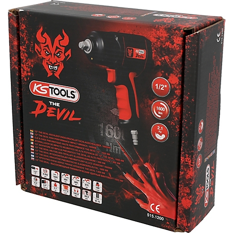 Schwarzer Schlagschrauber mit rotem Griff und Aufschrift "THE DEVIL" auf der Verpackung.